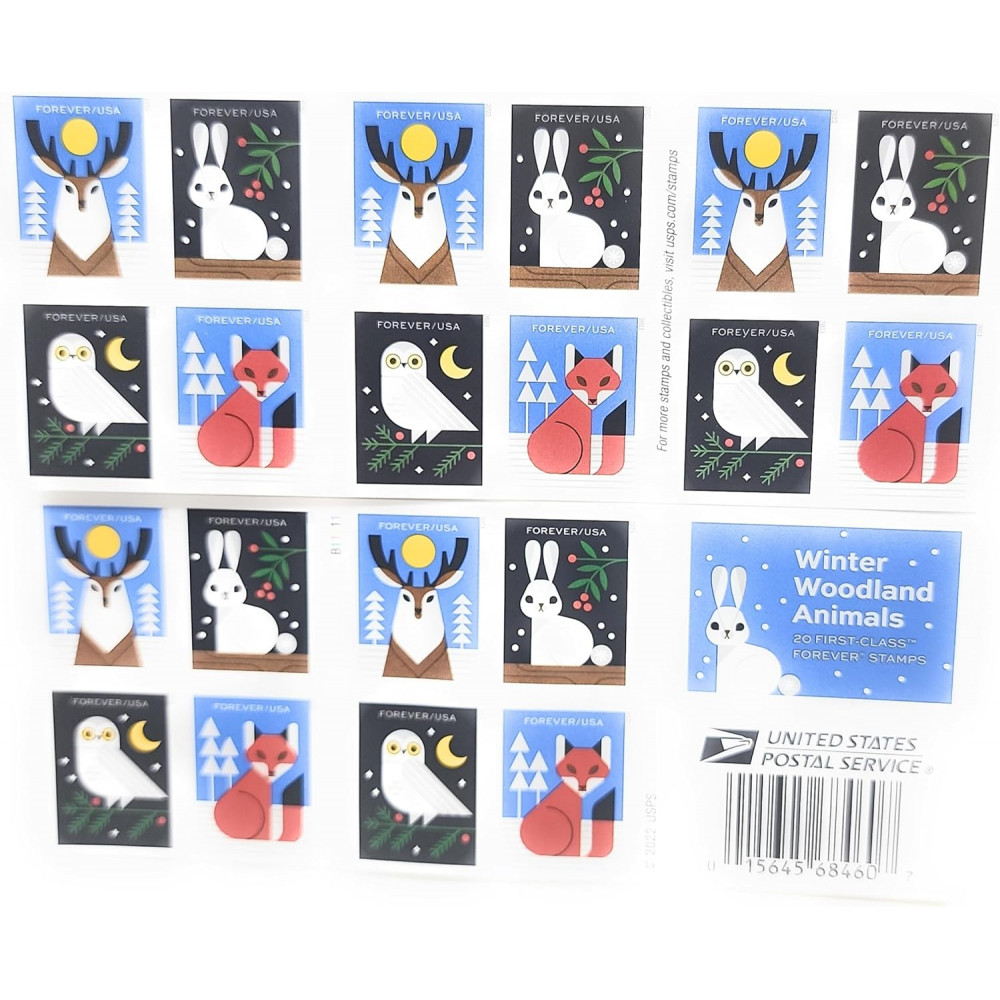 (2023) Winter Woodland Animals Forever Postage Stamps (a Deer, Fox, Rabbit, and Owl)